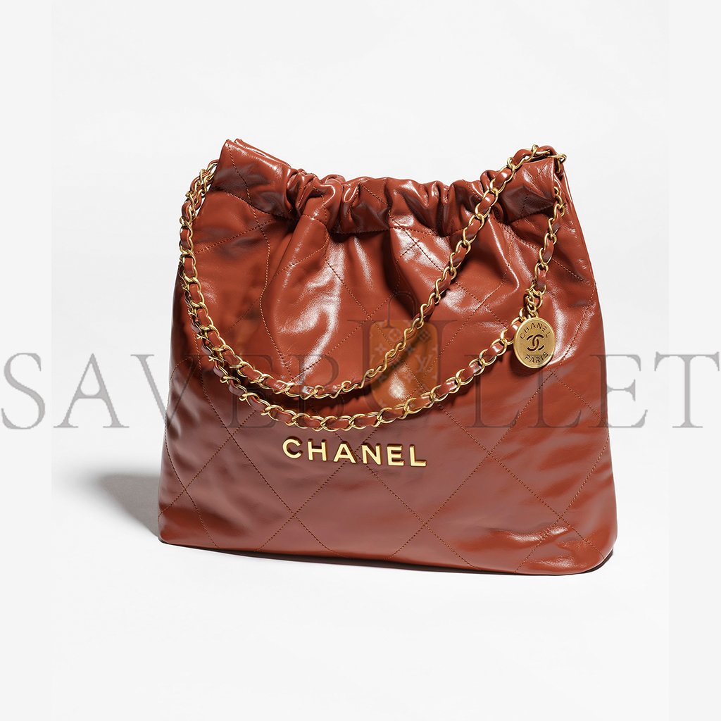 Ch*el 22 handbag shiny calfskin & gold-tone metal brown as3261  (42*39*8cm)